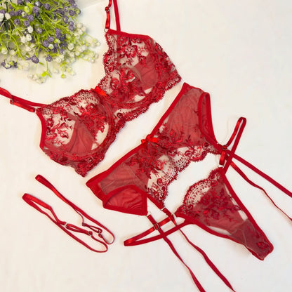 Bold Red Floral Lace Bra & Panty Set