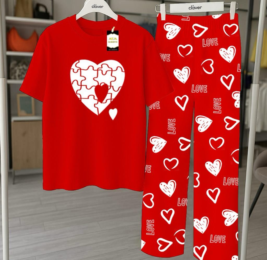 RED  Printed Nightwear Set With Love Heart Printed Trousers – Women's Lounge Wear