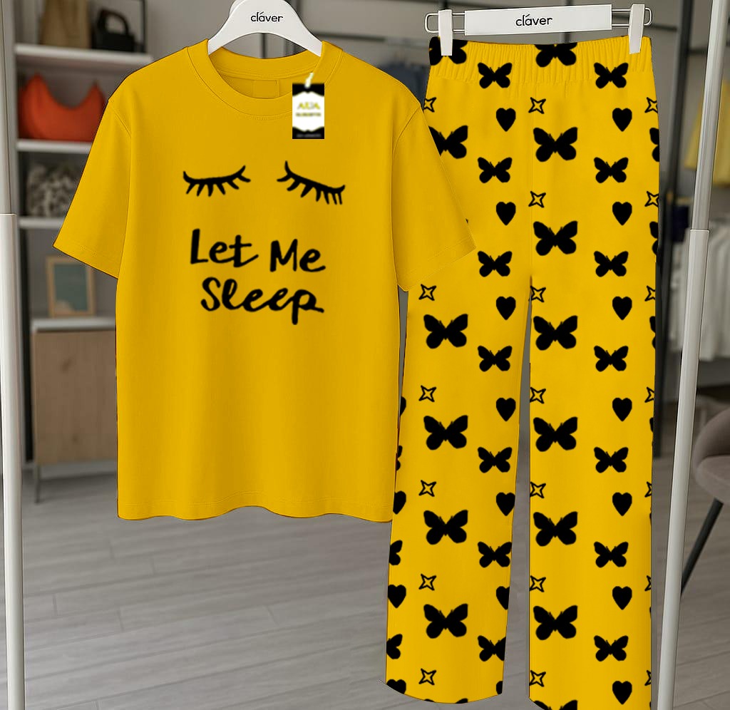 Yellow Printed Nightwear Set With Star Butterfly Printed Trousers – Women's Lounge Wear