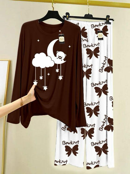 Brown  Printed Nightwear Set with Flower Printed Trousers – Women's Lounge Wear