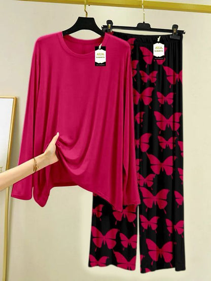 Plan Printed Nightwear Set With Black Butterfly Printed Trousers – Women's Lounge Wear