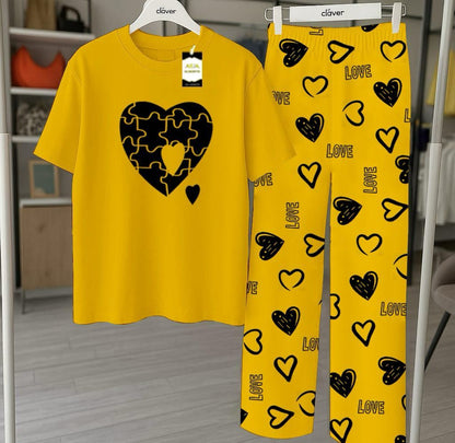 Yellow Printed Nightwear Set With Love Heart Printed Trousers – Women's Lounge Wear