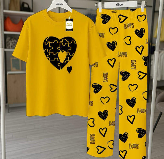Yellow Printed Nightwear Set With Love Heart Printed Trousers – Women's Lounge Wear