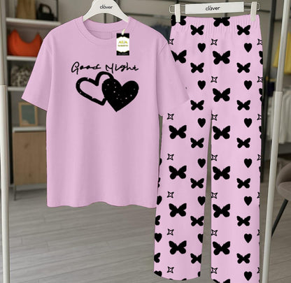 Purple Printed Nightwear Set With Star Butterfly Printed Trousers – Women's Lounge Wear