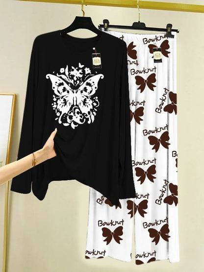 Printed Nightwear Set with Flower Printed Trousers – Women's Lounge Wear