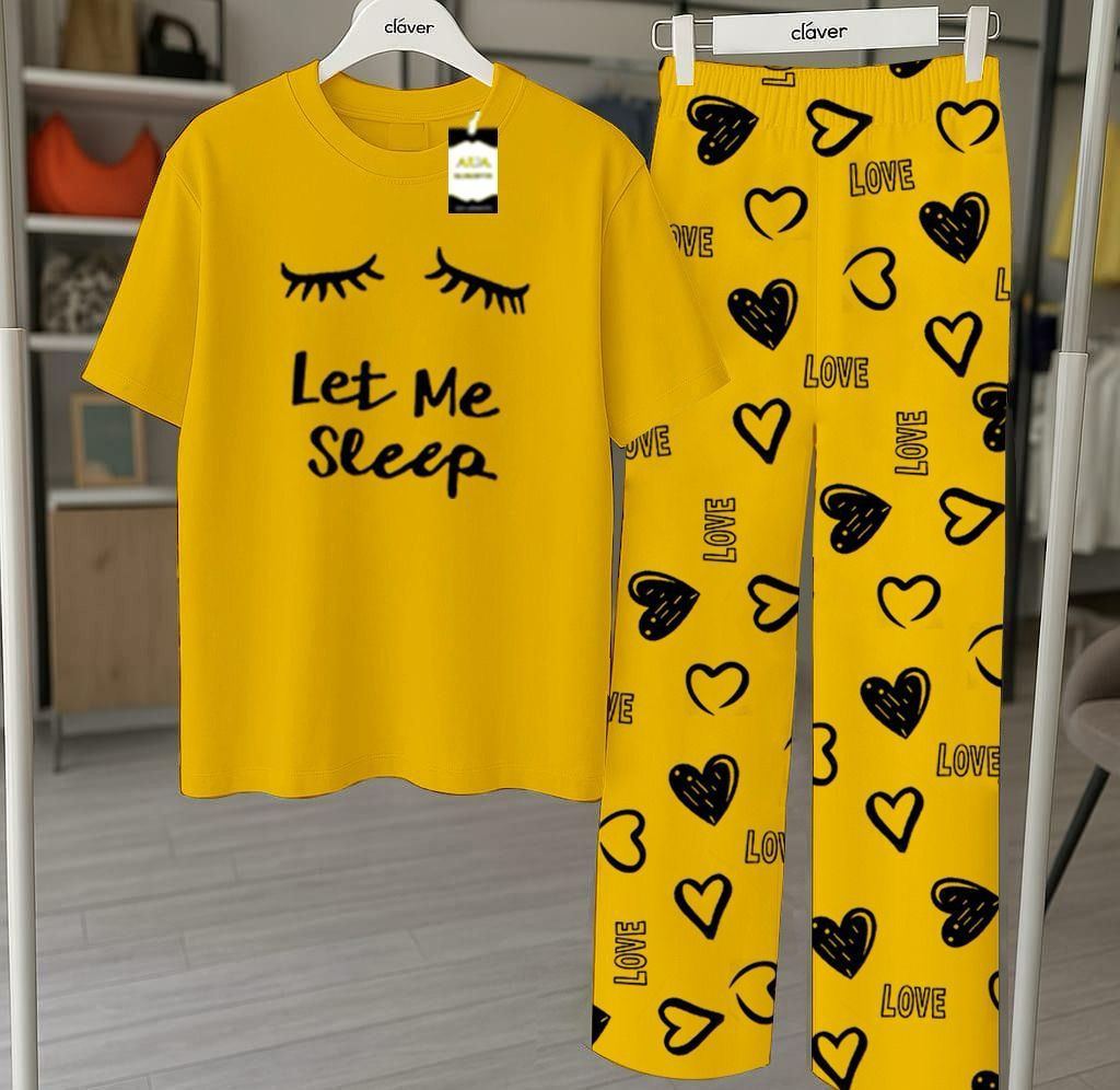 Yellow Printed Nightwear Set With Love Heart Printed Trousers – Women's Lounge Wear