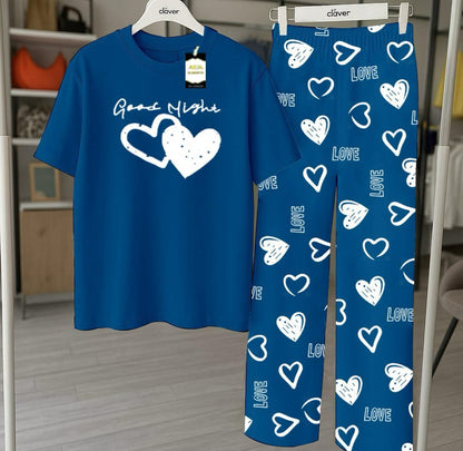 RED GOOD NIGHT Printed Nightwear Set With Love Heart Printed Trousers – Women's Lounge Wear