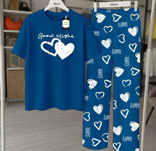 RED GOOD NIGHT Printed Nightwear Set With Love Heart Printed Trousers – Women's Lounge Wear