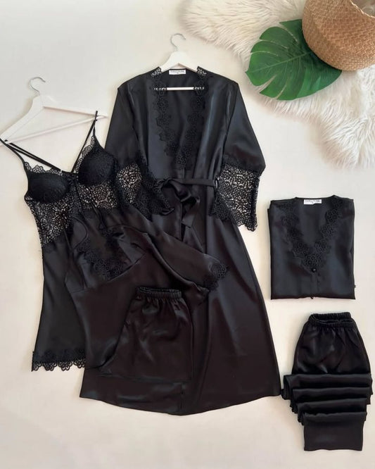 6 Pcs full-length pajama set consisting of a lace-trimmed camisole top and matching long trousers.