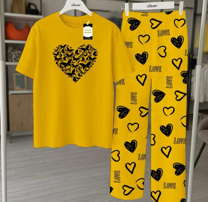Yellow Printed Nightwear Set With Love Heart Printed Trousers – Women's Lounge Wear