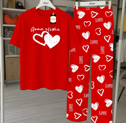 RED  Printed Nightwear Set With Love Heart Printed Trousers – Women's Lounge Wear