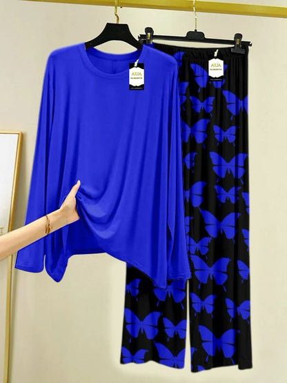 Plan Printed Nightwear Set With Black Butterfly Printed Trousers – Women's Lounge Wear