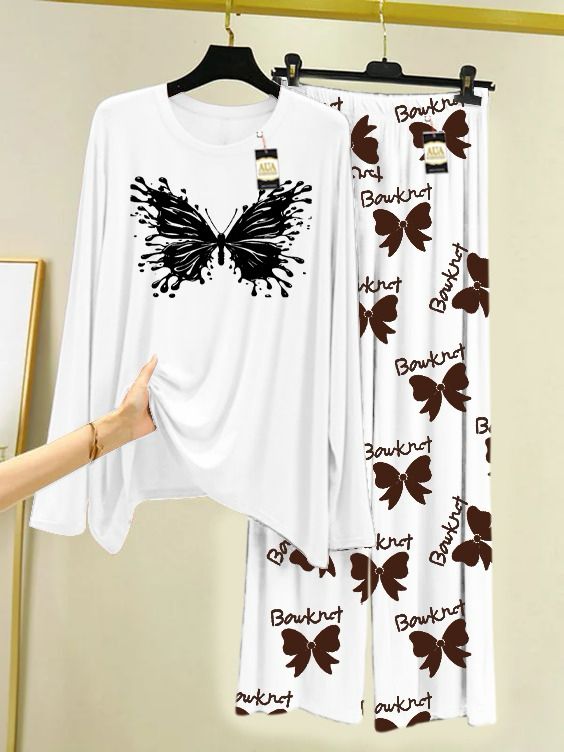 white Printed Nightwear Set with Boo Printed Trousers – Women's Lounge Wear