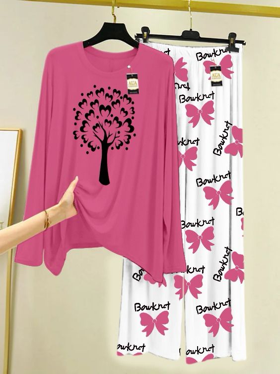 Baby Pink Printed Nightwear Set With Boo  Printed Trousers – Women's Lounge Wear