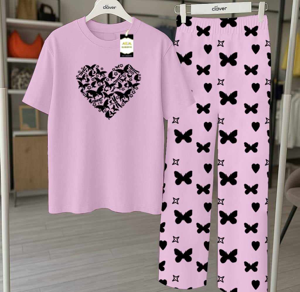 Purple Printed Nightwear Set With Star Butterfly Printed Trousers – Women's Lounge Wear