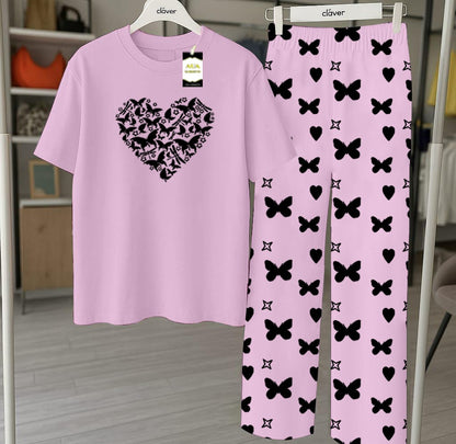 Purple Printed Nightwear Set With Star Butterfly Printed Trousers – Women's Lounge Wear