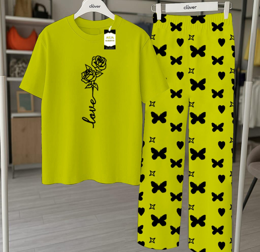 Green Printed Nightwear Set With Star Butterfly Printed Trousers – Women's Lounge Wear
