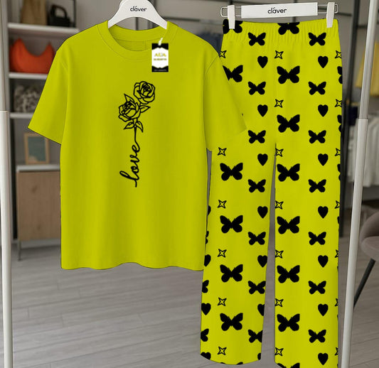 Green Printed Nightwear Set With Star Butterfly Printed Trousers – Women's Lounge Wear