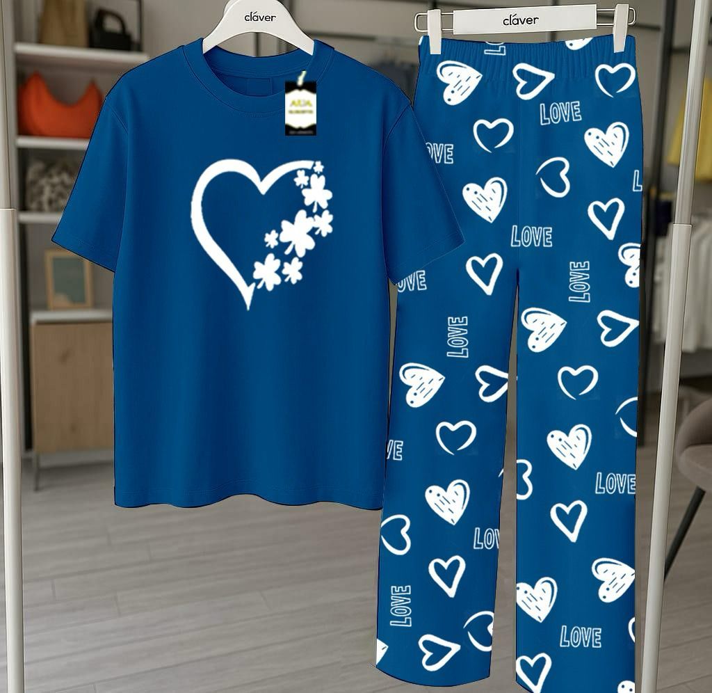 RED GOOD NIGHT Printed Nightwear Set With Love Heart Printed Trousers – Women's Lounge Wear