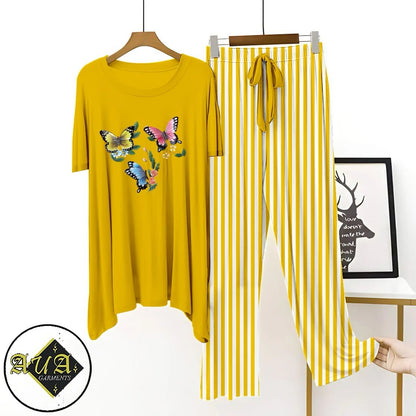 Yellow Lining Trouser Printed Night Suit with Luxurious Lining Pajamas Stylish Sleepwear Set for a Cozy Night's Rest