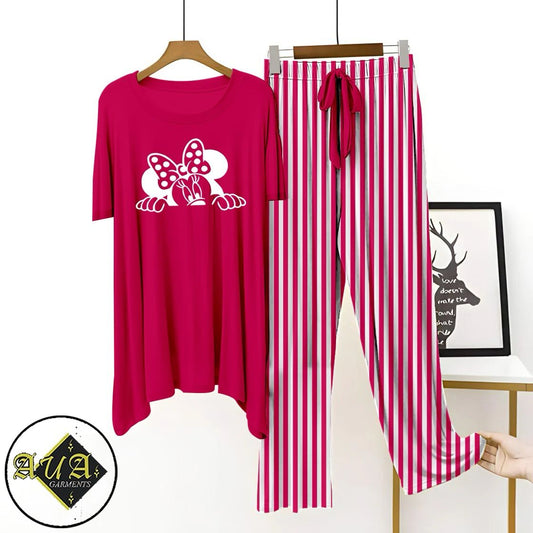 Pink Printed Night Suit with Luxurious Lining Pajamas Stylish Sleepwear Set for a Cozy Night's Rest