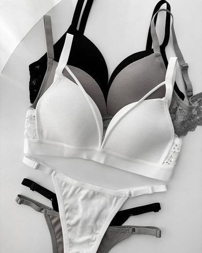 Women's Ribbed Texture Comfort Bra & Panty Set with Eyelet Lace