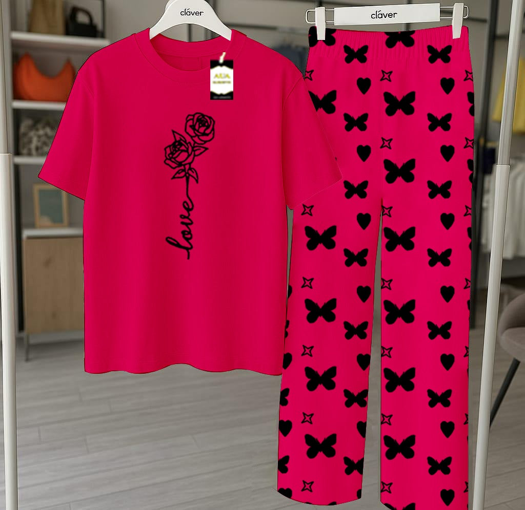 Pink  Nightwear Set With Star Butterfly Printed Trousers – Women's Lounge Wear
