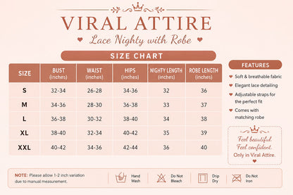 Product Title:  Viral Attire Luxury Satin Lace Nighty Set with Matching Robe – Elegant Bridal Sleepwear for Women