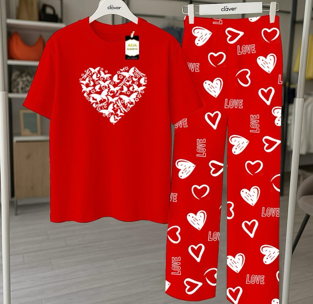 RED  Printed Nightwear Set With Love Heart Printed Trousers – Women's Lounge Wear