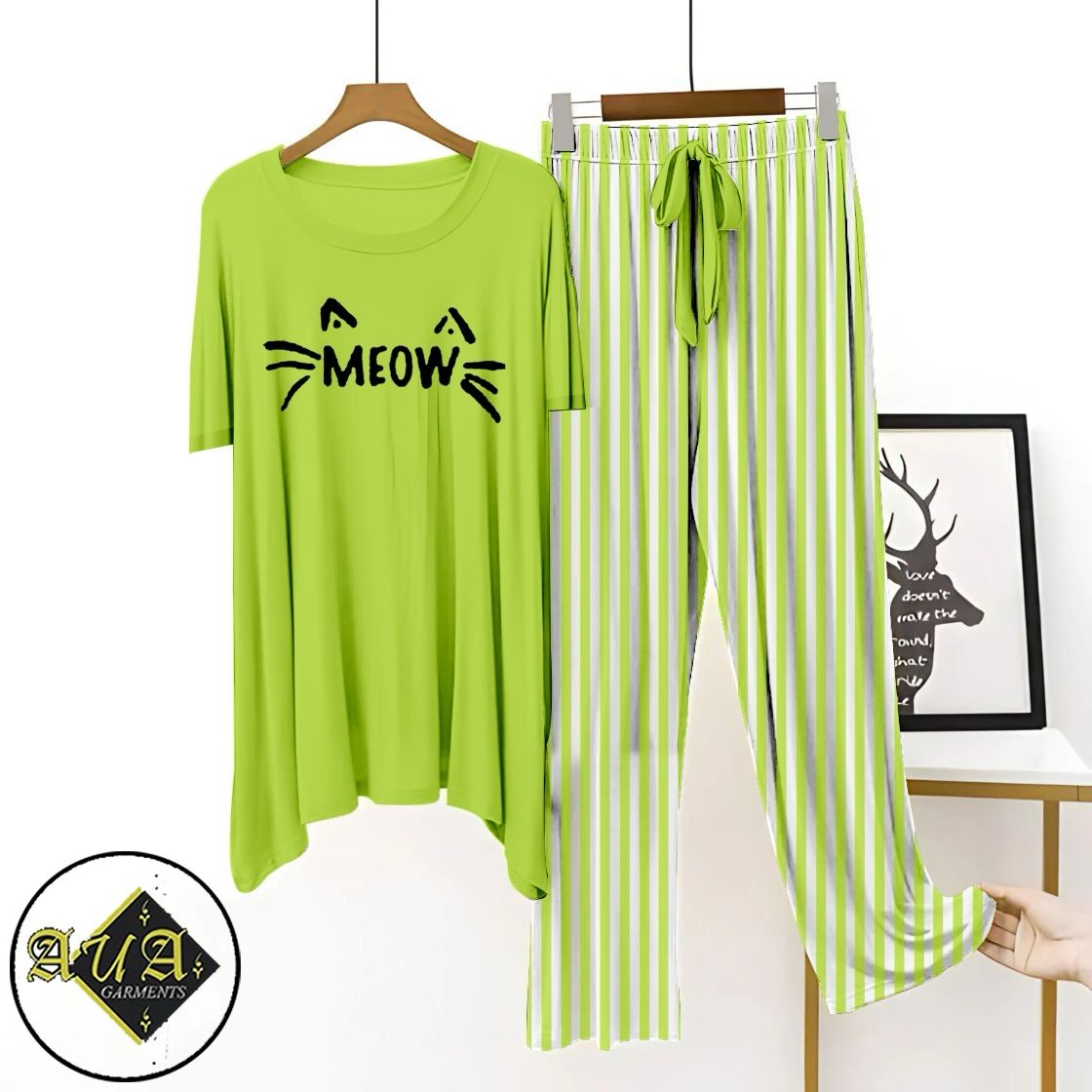 Green Lining Trouser Printed Night Suit with Luxurious Lining Pajamas Stylish Sleepwear Set for a Cozy Night's Rest