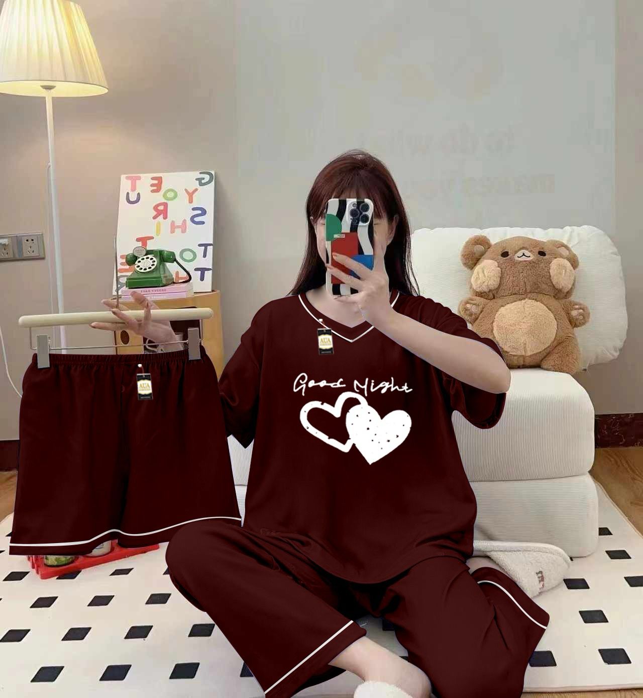 3-Piece Cami Nightwear Set for Women with Elegant White Borders MAROON
