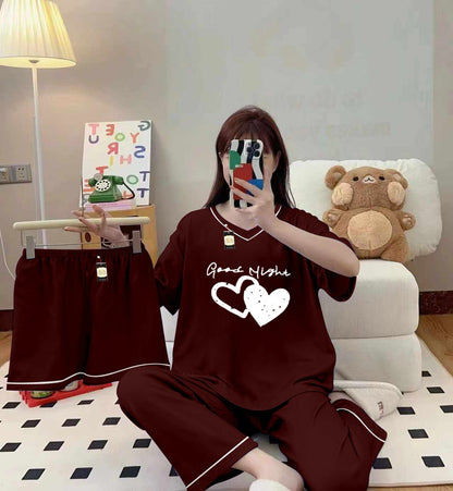 3-Piece Cami Nightwear Set for Women with Elegant White Borders MAROON