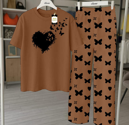 Brown Printed Nightwear Set With Star Butterfly Printed Trousers – Women's Lounge Wear