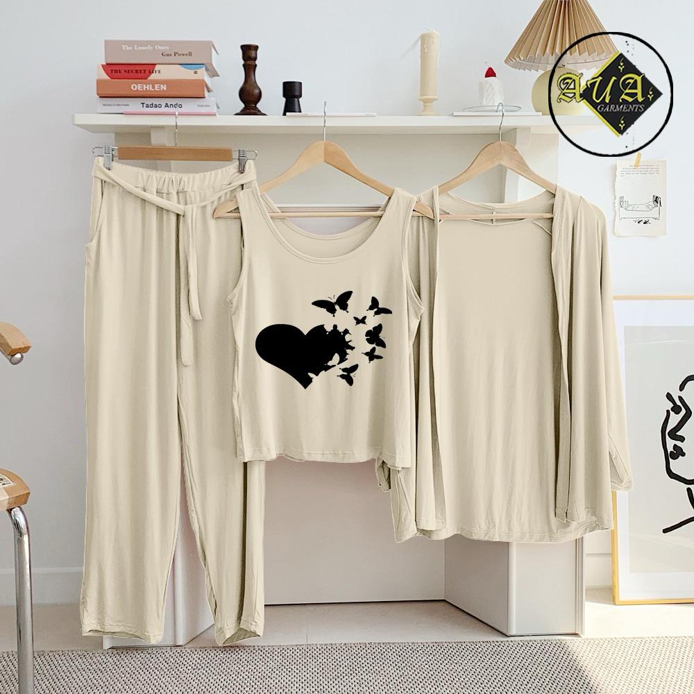 3 Piece Lounge wear Nightwear Sleepwear For Women Beige