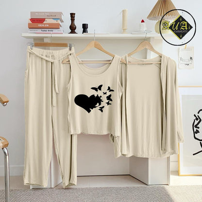 3 Piece Lounge wear Nightwear Sleepwear For Women Beige