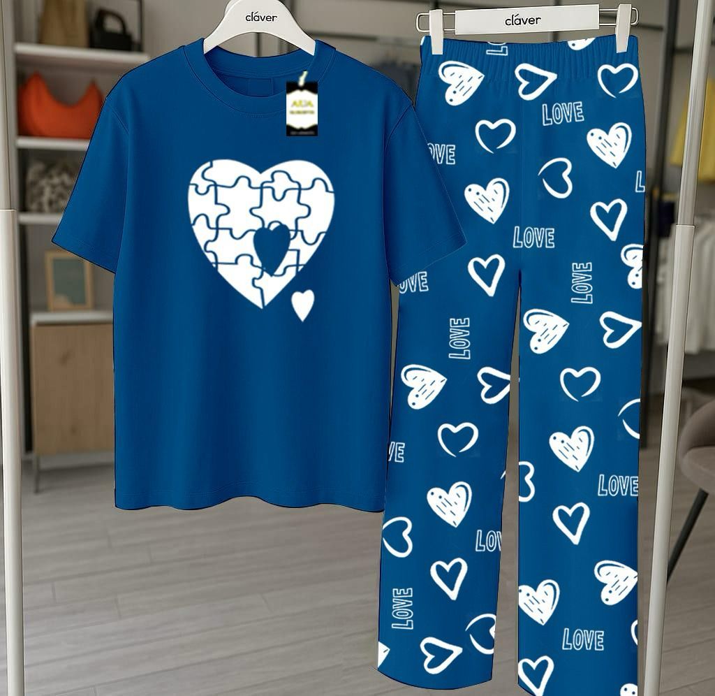 RED GOOD NIGHT Printed Nightwear Set With Love Heart Printed Trousers – Women's Lounge Wear