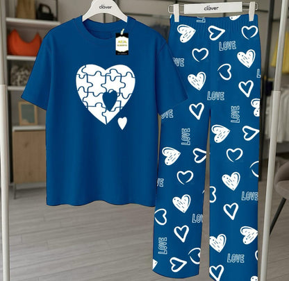 RED GOOD NIGHT Printed Nightwear Set With Love Heart Printed Trousers – Women's Lounge Wear