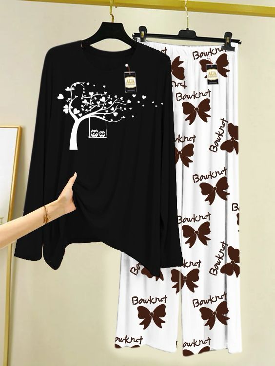 Printed Nightwear Set with Flower Printed Trousers – Women's Lounge Wear