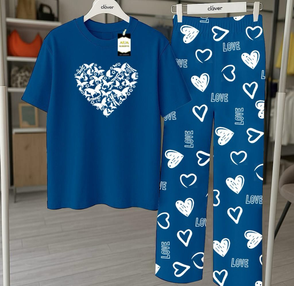 RED GOOD NIGHT Printed Nightwear Set With Love Heart Printed Trousers – Women's Lounge Wear