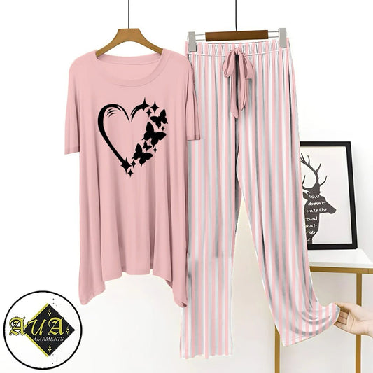 LIght Pink Printed Night Suit with Luxurious Lining Pajamas Stylish Sleepwear Set for a Cozy Night's Rest