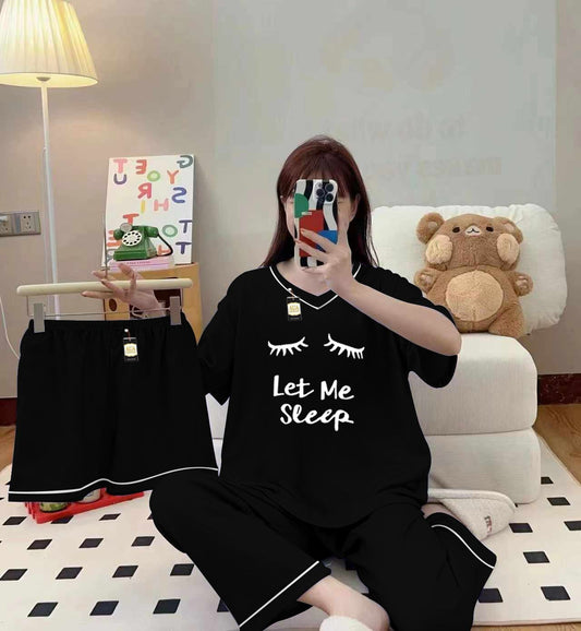 3-Piece Cami Nightwear Set for Women with Elegant White Borders BLACK