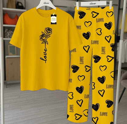Yellow Printed Nightwear Set With Love Heart Printed Trousers – Women's Lounge Wear