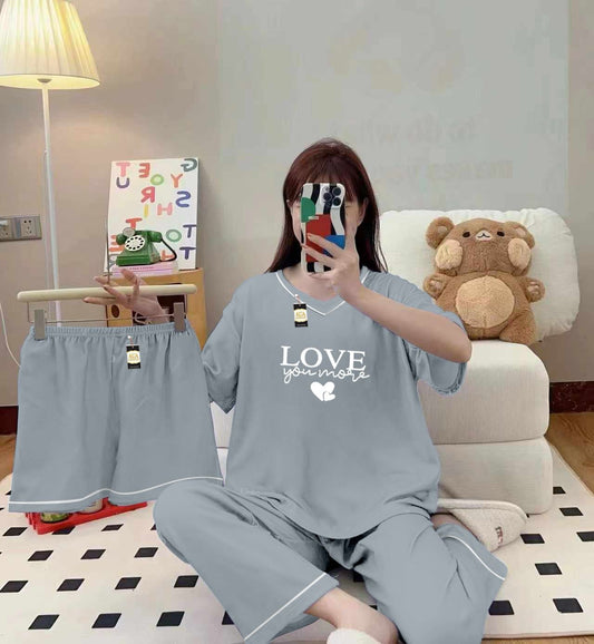 3-Piece Cami Nightwear Set for Women with Elegant White Borders Grey