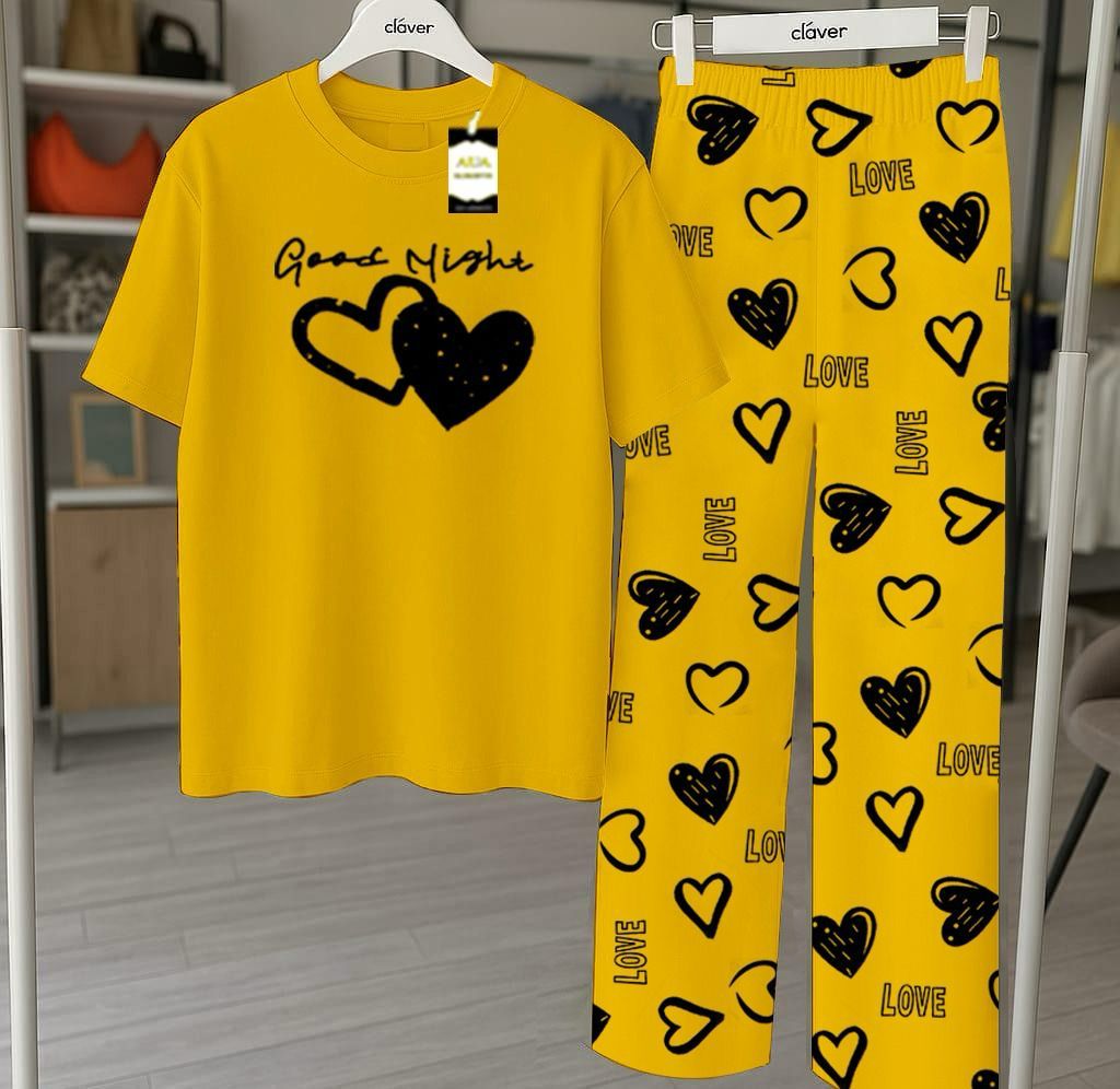 Yellow Printed Nightwear Set With Love Heart Printed Trousers – Women's Lounge Wear