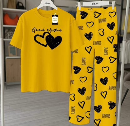 Yellow Printed Nightwear Set With Love Heart Printed Trousers – Women's Lounge Wear