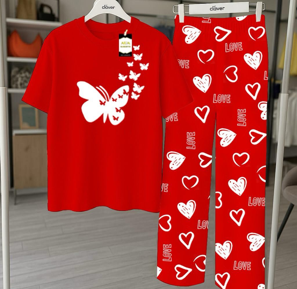 RED  Printed Nightwear Set With Love Heart Printed Trousers – Women's Lounge Wear