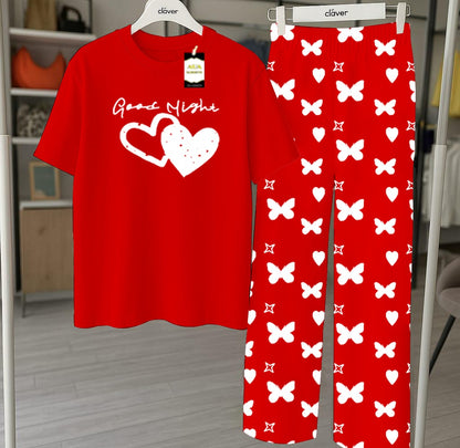 Red Printed Nightwear Set With Star Butterfly Printed Trousers – Women's Lounge Wear