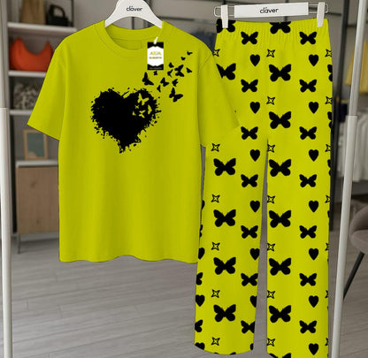 Green Printed Nightwear Set With Star Butterfly Printed Trousers – Women's Lounge Wear