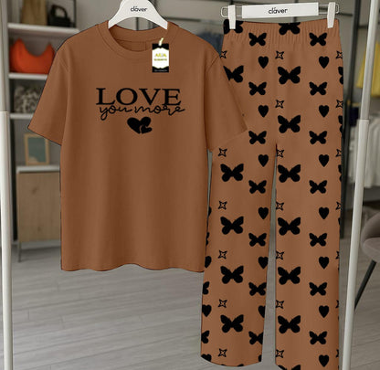 Brown Printed Nightwear Set With Star Butterfly Printed Trousers – Women's Lounge Wear