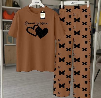 Brown Printed Nightwear Set With Star Butterfly Printed Trousers – Women's Lounge Wear